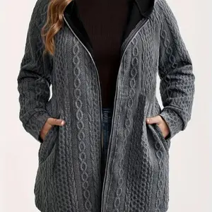 Plus Size Women's Solid Color Pocket Coat, Casual Fitted Jacket for Fall & Winter, Moderate Fabric Thickness, Kint Material
