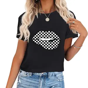Cotton Short Sleeve Womens Funny Checkered Black White Lip Gift Cute Checkerboard Women T-Shirt for Men Women