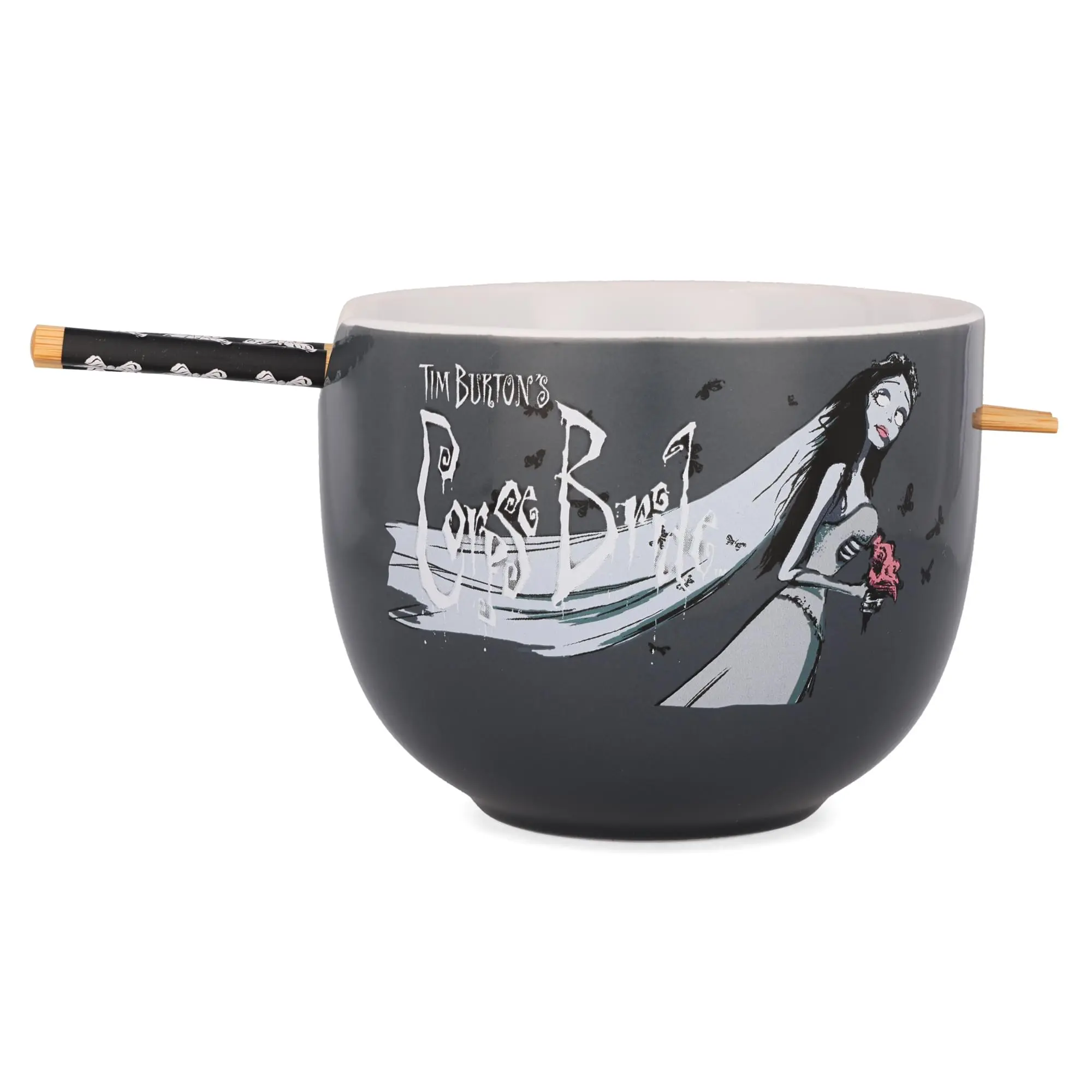 Tim Burton's Corpse Bride Emily Butterflies Ceramic Ramen Bowl & Chopsticks Tableware Set
