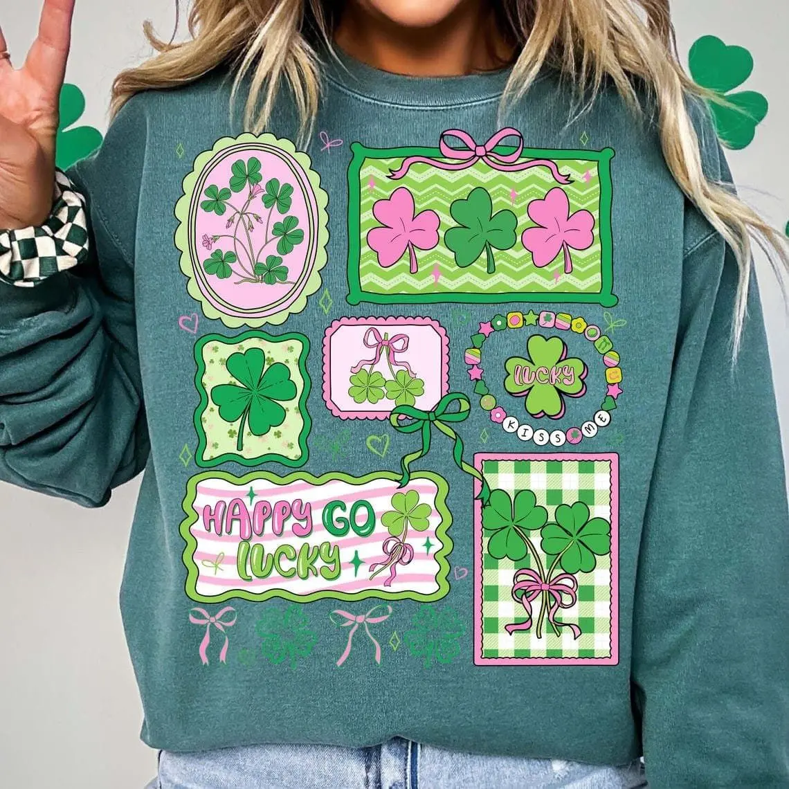 [Sale off up to 50%] Preppy Happy Go Lucky Sweatshirt, St Patricks Day, St Patrick Doodle, Coquette Bow Shamrock, Pink Green Lucky, Irish, streetwear graphic tee
