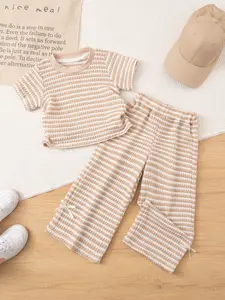 Girls' Knitted Striped 2-Piece Set, Short-Sleeve Round-Neck Top and Bow-Tie Long Pants, Summer Outfit for Girls Aged 3–8 Years, Summer Outfits Set