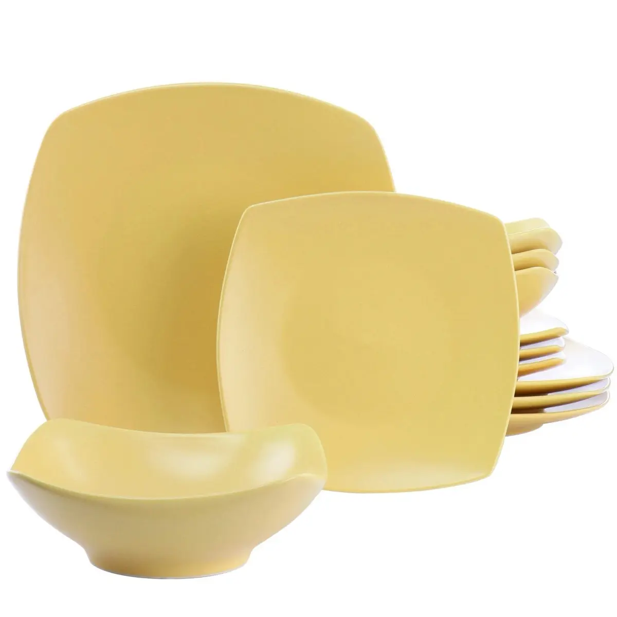 Gibson Home 135260.12 Shaped Square Fine Ceramic Tableware Set - 12-Piece Matte Yellow Zen Buffetware Plates & Dinnerware