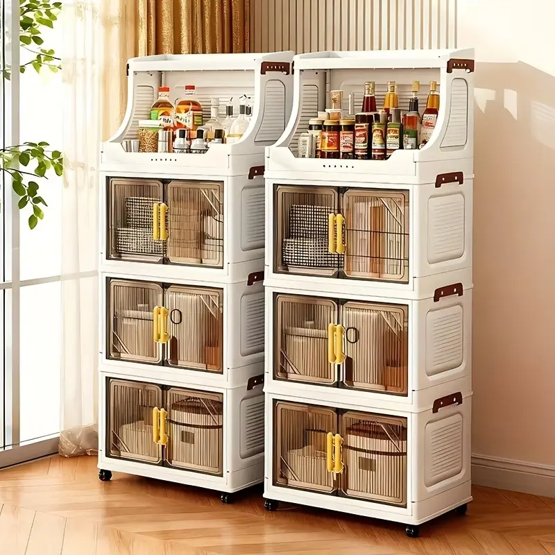 2/3/4-Tier Heavy-Duty Folding, Rolling, Foldable Storage Cabinets, with open shelves, large capacity, suitable for organizing in home/office/dorm, double-door cabinet with wheels