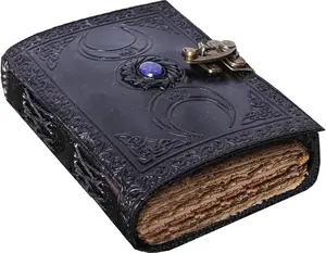 Vintage Leather Journal Semi Precious Witch Stone Triple Moon Design-Lock Closure, 200 Antique Deckle Edge Blank Paper-Book of Shadows, Grimoire Journal, Witch Journal for Men and Women (7x5 Inch, Black)