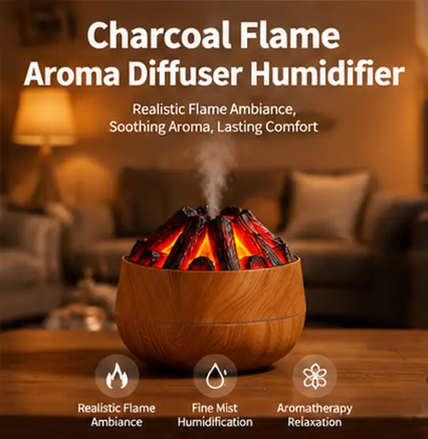 Wood Grain Flame Aroma Diffuser & Humidifier, Realistic Charcoal Fire Effect, Fine Mist, Cozy Home Decor for Bedroom & Office