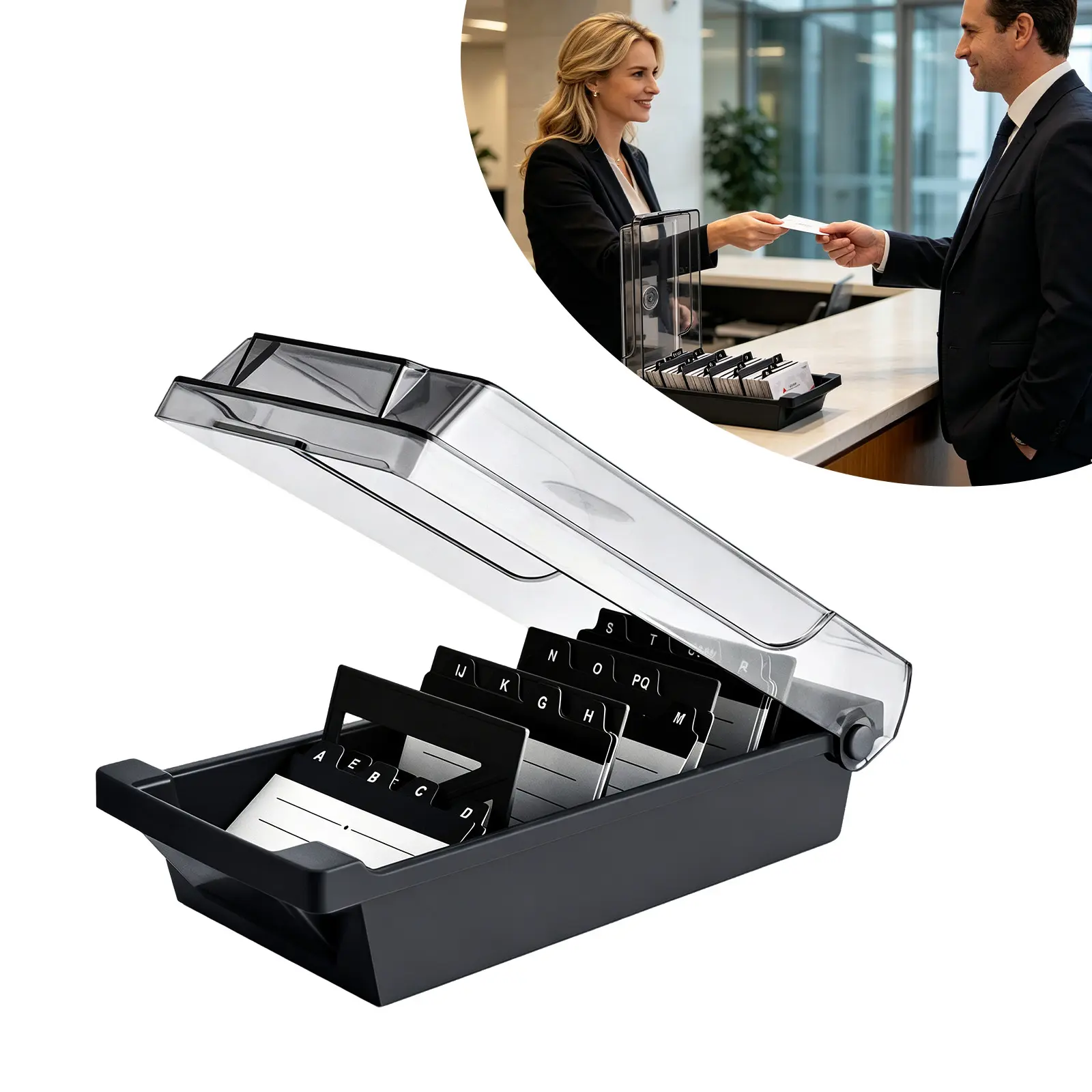 Large Capacity Business Card Organizer Box with Lid & Index Tabs - Desktop Business Card Holder, Contact Card Storage Case for Office & Home