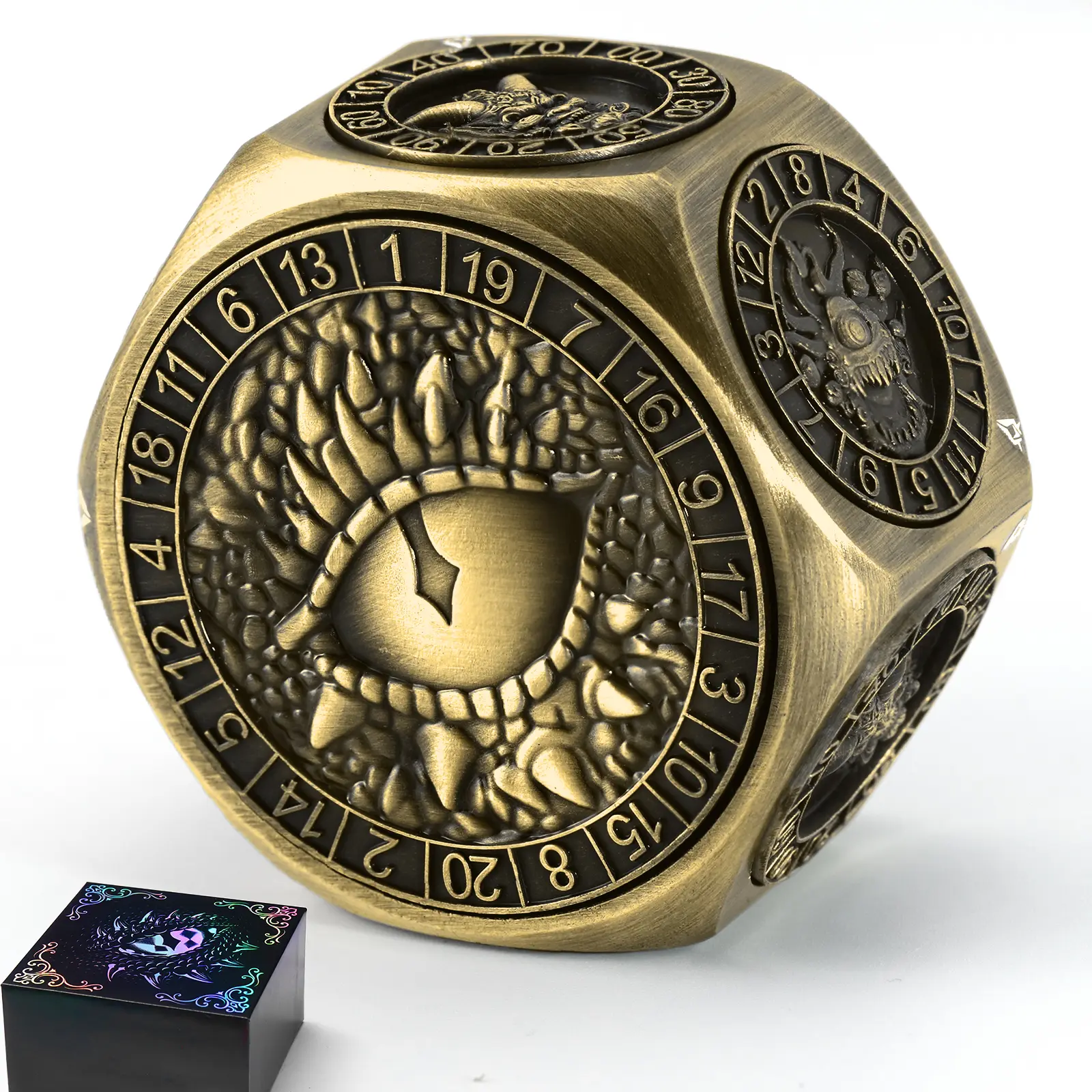 ZHOORQI 8-in-1 DND Dice Set – Metal Spinner Dice with Dual D20, 3D Monster Engravings & Smooth Spinning – Perfect for TTRPG, D and D Dungeons and Dragons Gifts (Bronze)