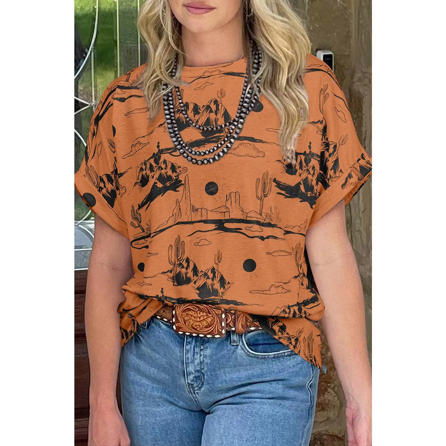 Knit Top for Women in a Desert Sand Print, Casual Western Short Sleeve Round Neck Blouse for Everyday Wear, Lady, Casual Wear, Sand Pattern, Desert Print, Inch, Shortsleeve, Shirt, Clothes, Western Cut
