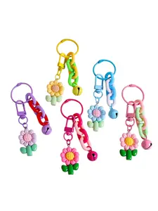 5-Piece Plastic Cute Flower with Bell Girls Keychain, Vibrant Colors, Fun Design, C Hook, Versatile Fashion Accessory for Kids