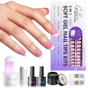 Gellen French Tips Gel X Nail Kit - Pink Short Square Press on Nails French Tip Gel Nail Kits Including Gel Top Coat and Base Coat, UV Lamp, Solid Nail Glue Gel Flawless Manicure Smooth Cutics Set
