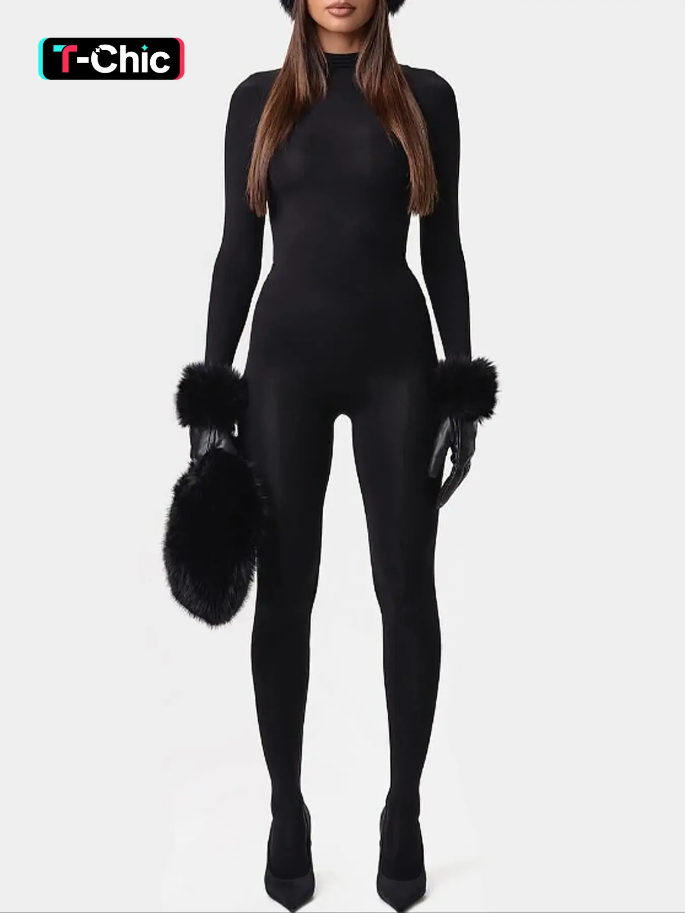 Women's Cute Plush Patchwork Knit Bodysuit, High Neck Warm Soft Skin-Friendly Tight Fit Party Club Nightclub Style Jumpsuit, Jumpersuit, Casual Winter Wear, Long Sleeve One-Piece, Womenswear, Lady