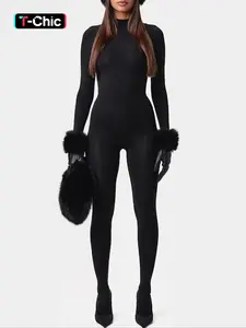Women's Cute Plush Patchwork Knit Bodysuit, High Neck Warm Soft Skin-Friendly Tight Fit Jumpsuit, Casual Winter Wear, Long Sleeve One-Piece, Womenswear