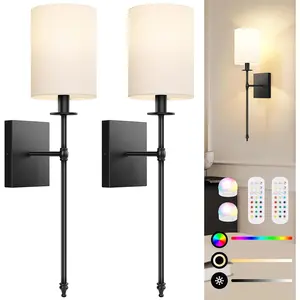 24.8in Rechargable Wall Sconces Set of 2 with Remote, Indoor Not Hardwired Dimmable Wall Lamps with White Fabric Shade, Rechargeable Wireless wall lights For Bedroom, 2 Bulbs Included