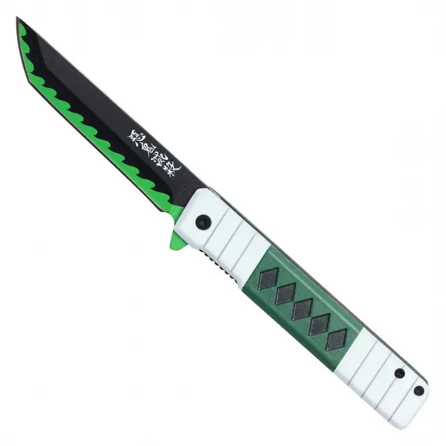 Green Katana Pocket Knife – White Handle – Japanese Sword Style – Black Blade – Anime Inspired Folding Knife – Assisted Opening – Samurai Collectible