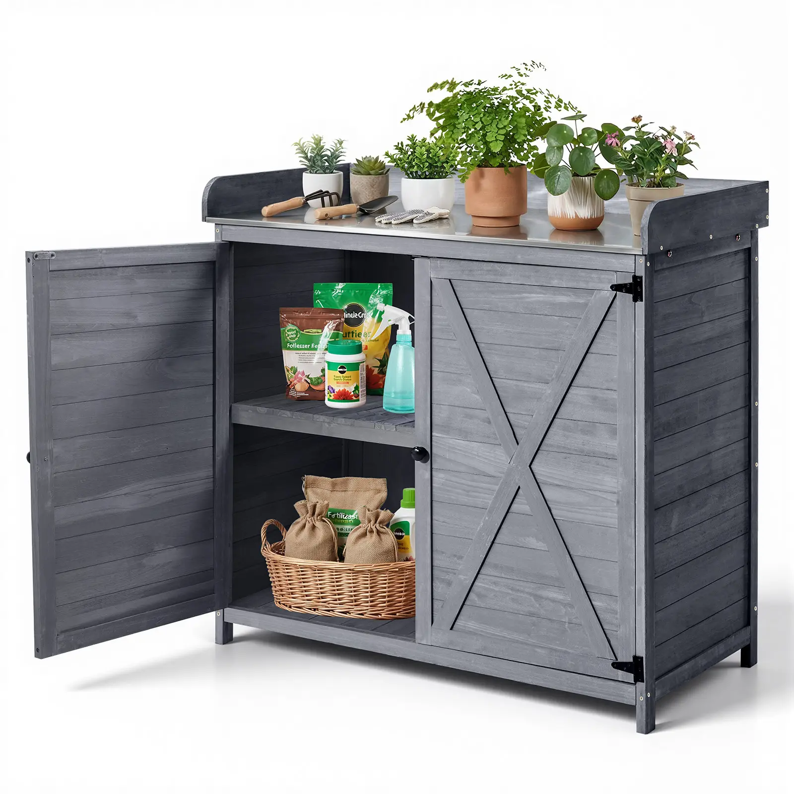 【SummerFinds】VEVOR Wooden Potting Bench Table - Durable Outdoor Gardening Storage Cabinet with 39x19in Tabletop, Elevated Workspace, Large Storage, Water Resistant BBQ Prep Station for Patio/Backyard, Gray, Fathers Day