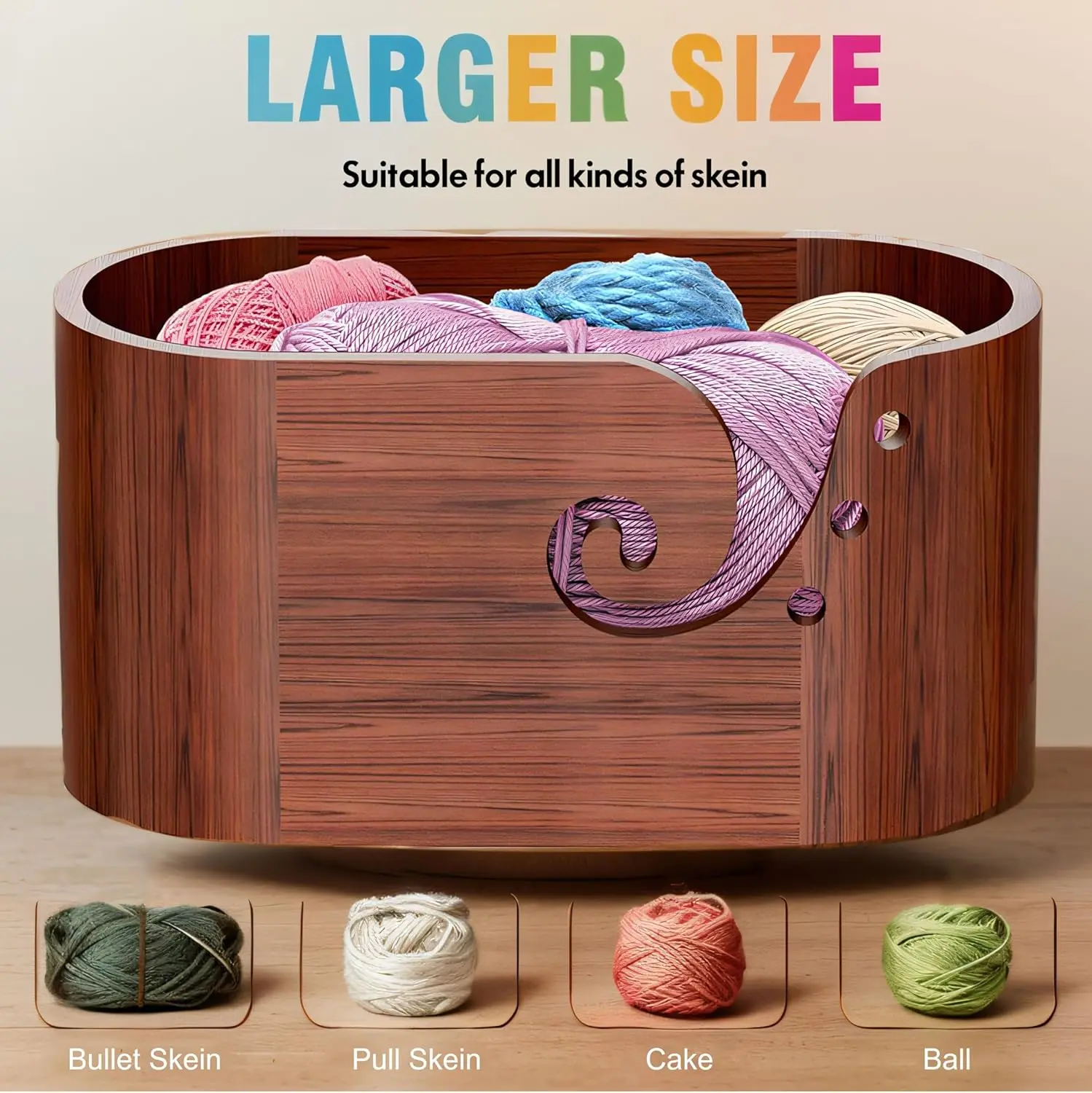 Wooden Yarn Bowl, Large Oval Yarn Bowl for Crocheting, Smooth Knitting Bowl Crochet Bowl with w/Swirl Design, Crocheting & Knitting Lovers Yarn Storage Bowl, Portable Knitting Accessories