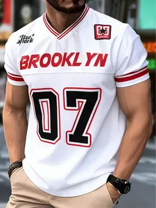 Men's Brooklyn 07 Print V-Neck Jersey, Short-Sleeve Sports Shirt, Retro Athletic Style Top for Casual & Fan Wear, Athletic Apparel
