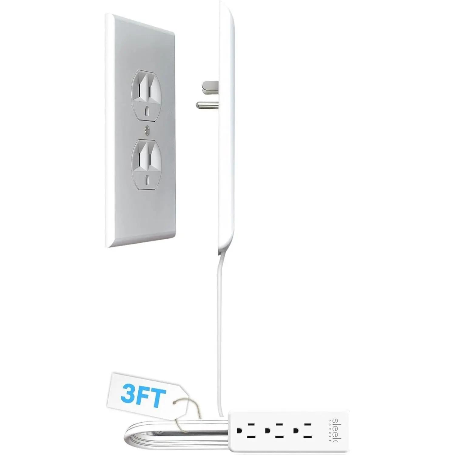 Original & Patented Flat Ultra-Thin Outlet Concealer with Extension Cord Kit, Multi Outlets Power Strip, Ideal for Home Improvement, Hide Bulky and Messy Cords, 3ft