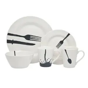 212 MAIN 16-Piece Acme Diner Complete Dinnerware & Cutlery Set - Modern, Clever Cuisine-Themed Designs Tableware for Home Meals