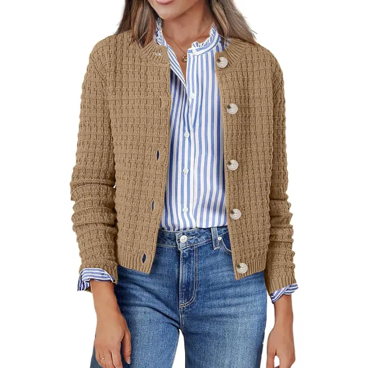 Women's 2026 Knit Cardigan Sweaters Long Sleeve Open Front Button Down Crew Neck Tweed Cropped Jackets Fall back to school