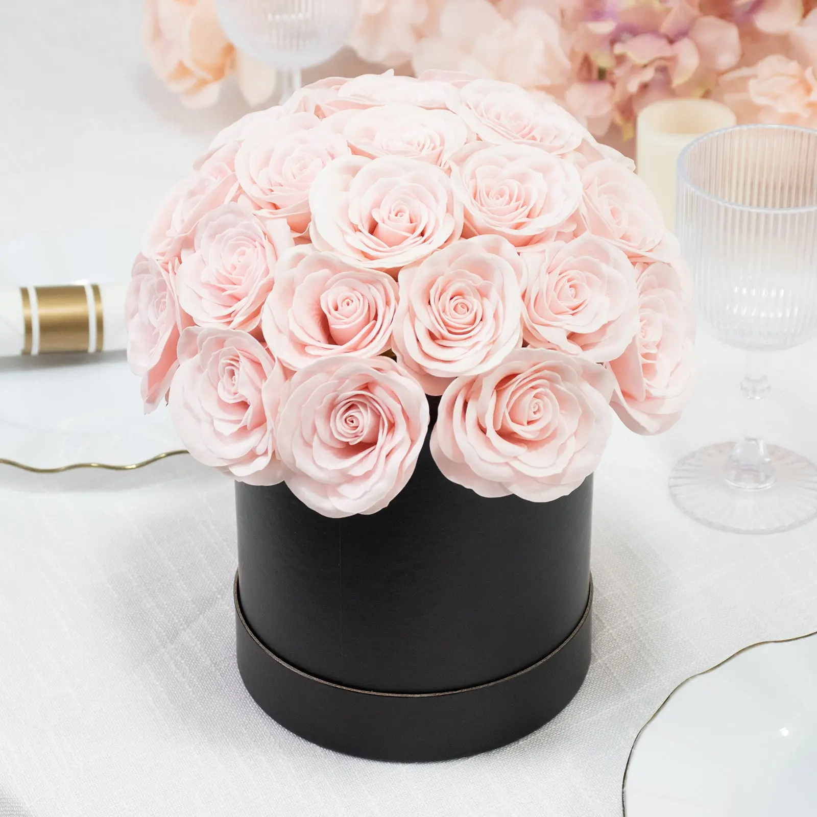 Prearranged Rose Centerpiece Arrangement, Blush 27pcs Roses with Black Round Gift Box, Decorative, Faux Silk Flowers