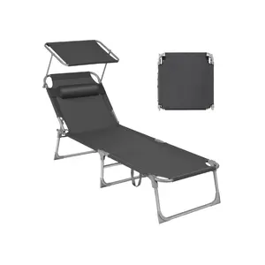 SONGMICS Sun Lounger, Patio Chaise Lounge Chair, Folding, with Canopy, 76 x 20.9 x 11.4 Inches, Holds 330 lb, Headrest, Adjustable Backrest