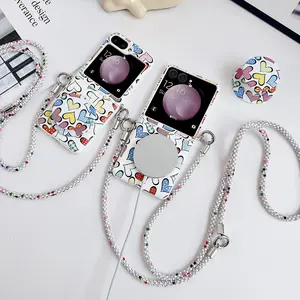 A PU leather colored heart pattern Protective mobile phone case with a stand, equipped with a cross-body strap, and a hard PC back panel to protect the phone. This phone case is suitable for Samsung Galaxy Z Flip7, Z Flip7FE, Z Flip6, Z Flip5 Cover