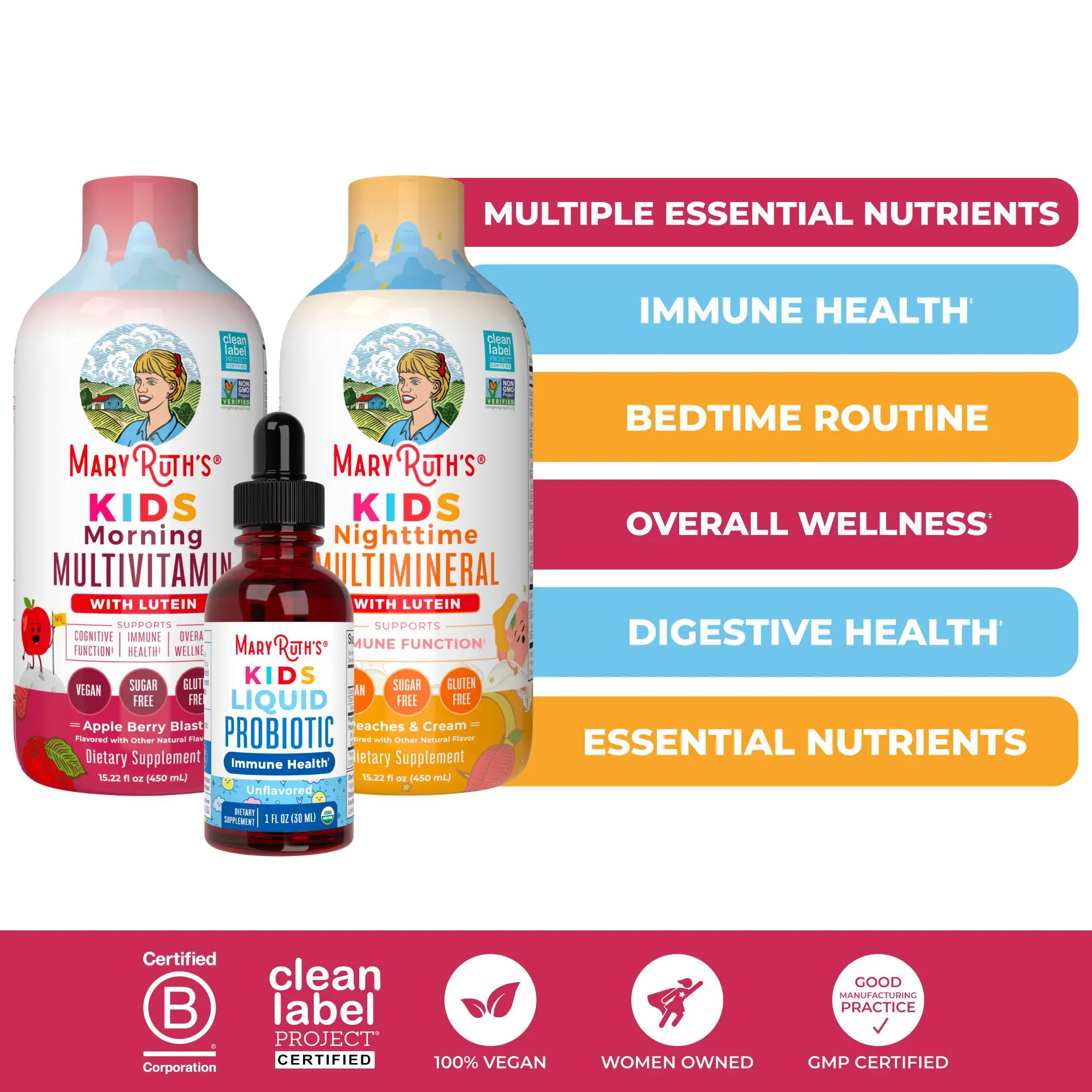 Kids Liquid Triad of Health Bundle - Kids Liquid Morning Multivitamin & Nighttime Multimineral - Kids Liquid Probiotic