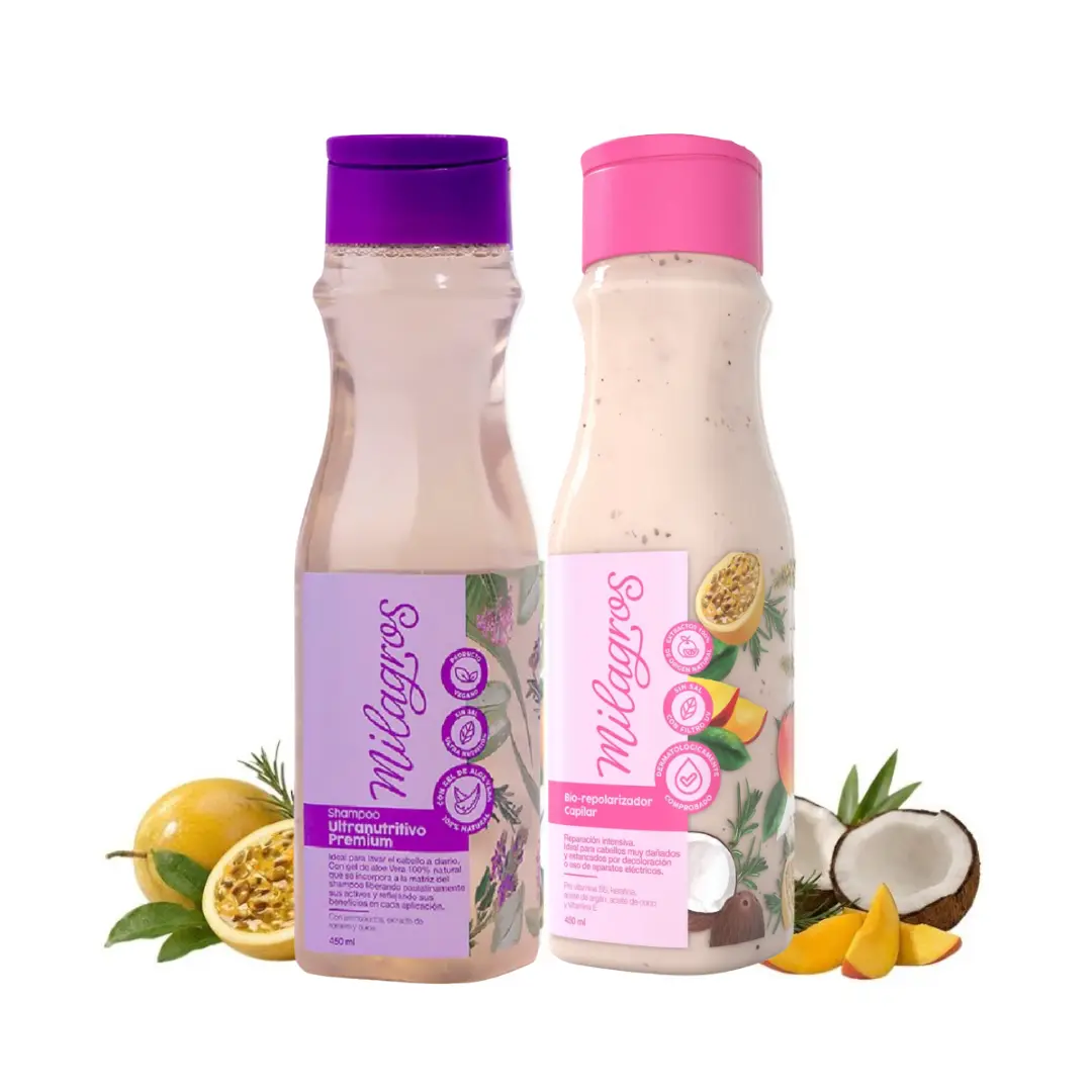 Milagros Kit 2 Pack Shampoo Ultranutritivo & Biorepolarizador - Keratin Repair Shampoo with Rosemary & Cinchona, Detangling Hair Mask Coconut 450ml, Non Toxic, Adults, Any, Cruelty Free, Fine, All Hair Types