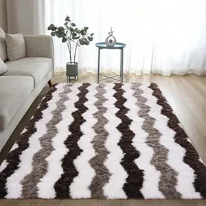 Striped Shag Rug Brown & White - Machine Washable Non-Slip 6x9, Ultra Soft Long Pile for Living Room, Bedroom & Office-S