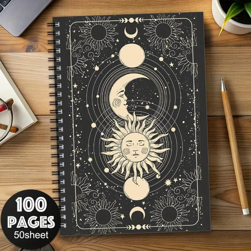 1 Witch Spiral Notebook, Notebook with tabs, Celestial sun, moon, and star design, black and gold cover, 100-page tabbed notebook suitable for journaling, travel, office use, witch-themed gift, Travel Diary Notebook