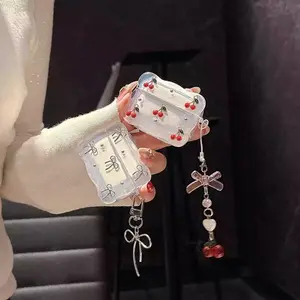 Dripping Glue Alloy Bow Cherry Bluetooth-compatible Earphone Case with Hanging Charm Gift for Best Friend Girlfriend Women Earphone Protective Cover