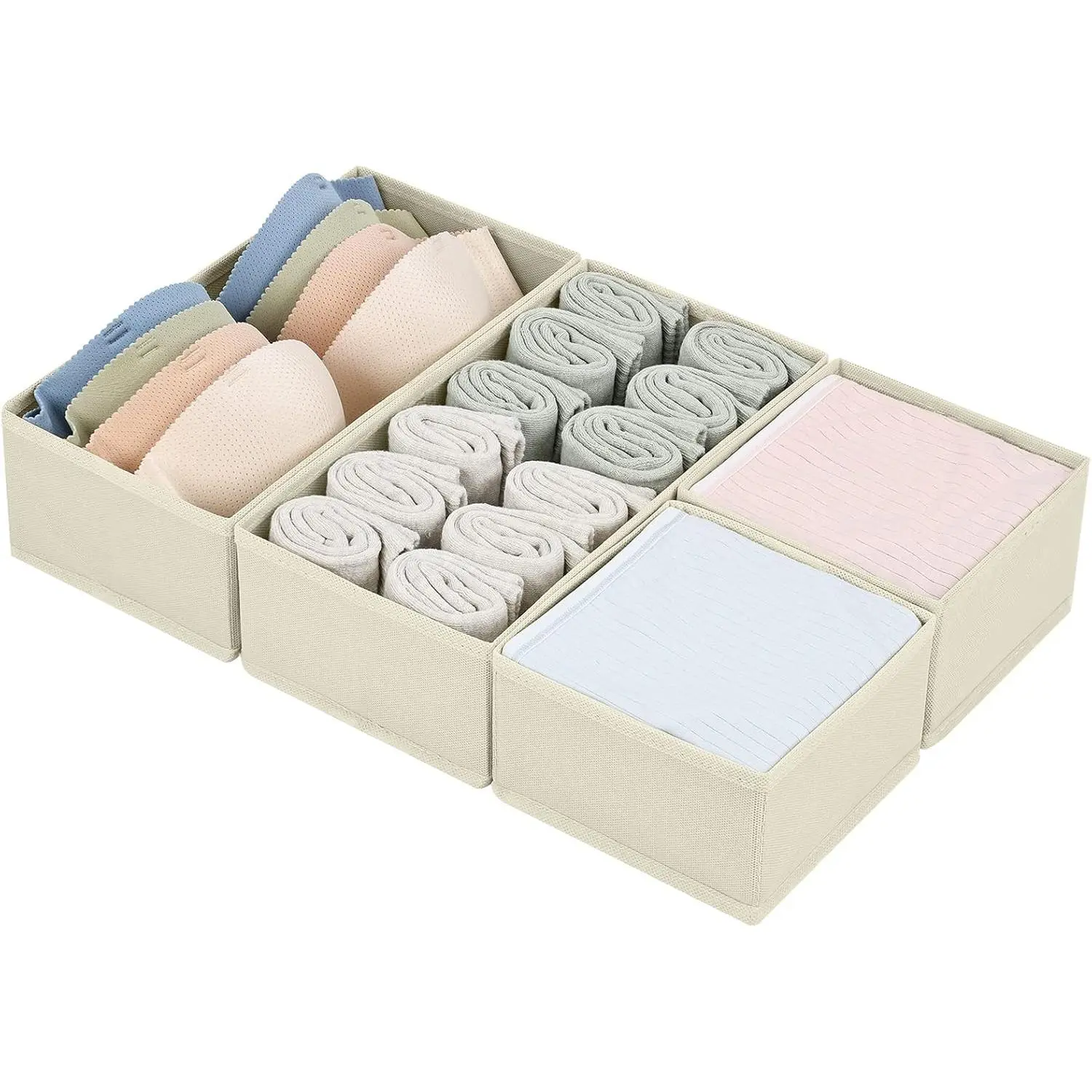DIMJ Drawer Organizers Clothes, Set of 4 Dresser Organizer Bins, Fabric Closet Organizers and Storage, Shallow Drawer Dividers for Nursery, Clothing, Baby Clothes, Socks, Underwears, Tie (Beige)