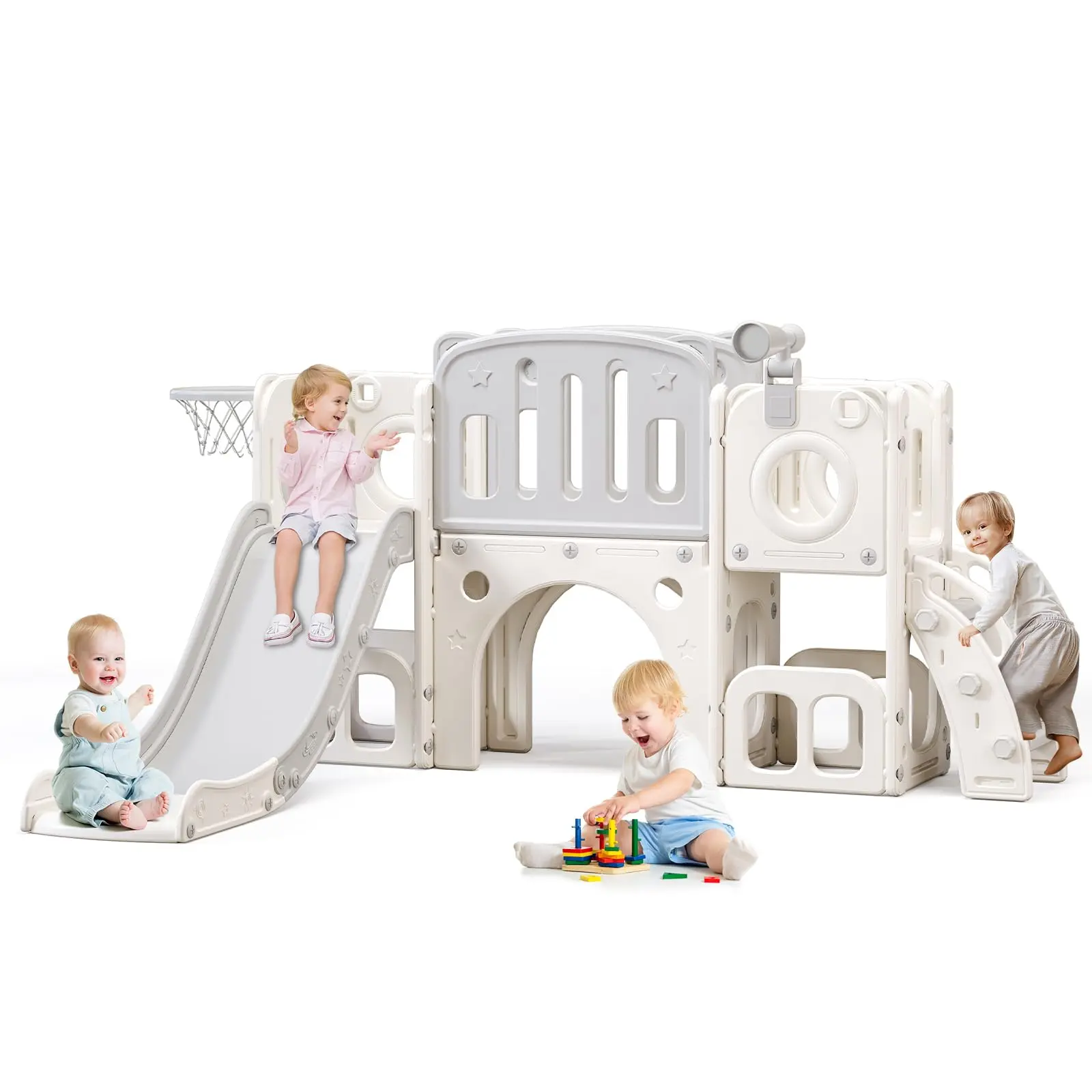 8 in 1 Toddler Slide,Kids Climber Slide with Storage Space and Non-Slip Steps,Indoor Outdoor Playset with Basketball Hoopa and Telescope,Slide for Toddlers Age 1-8