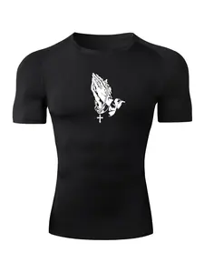 Men's Cross & Prayer Hand Print Short Sleeve Compression Tee, Athletic Shirt, Sporty Round Neck T-shirt for Summer, Men's Top for Gym Workout Running, High Performance Activewear, Activewear Tees