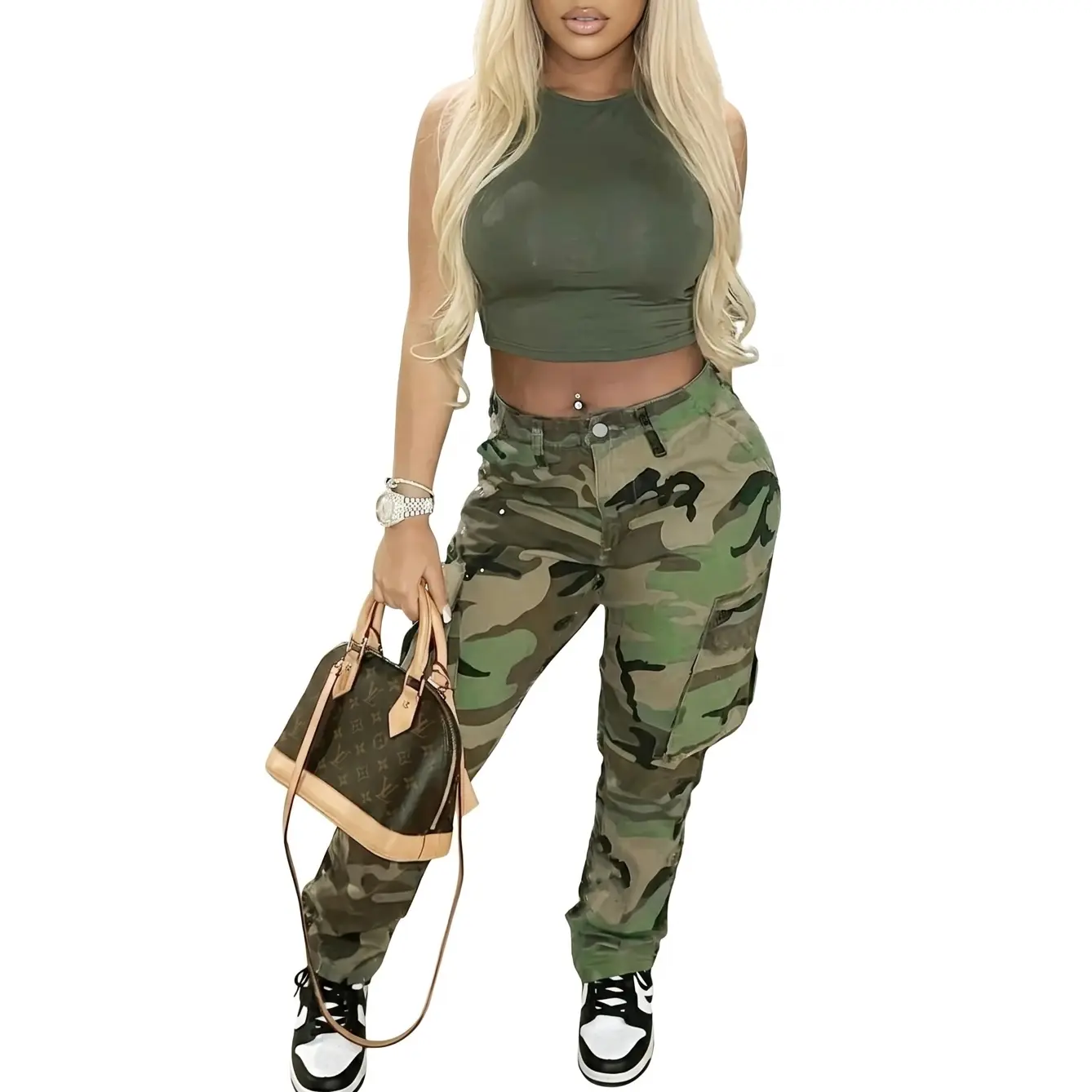 Women's Camouflage Cargo Denim Bottoms - S-6XL High-Rise, Loose Fit, Elastic Waistband with Multi-Pockets, Slimming Effect, Streetwear, Everyday Vibe, LA-Inspired Street Style for Curvy Women