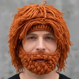 Menswear Knitted Wool Thermal Viking Beard Hat, Punk Wig Beanie with Attached Beard & Hair, Warm Winter Vibe Costume Hat for Men Halloween Cosplay