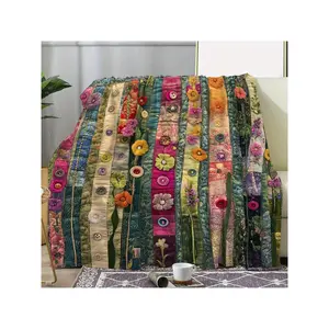 Colorful Vintage Floral Print Embroidered Blanket - Soft, Cozy Flannel Throw With Button Accents, Sofa, Bed, Car, Office, Camping & Travel - Lightweight All-Season, Multicolor, Decorative Bed Cover |   Striped Pattern |   Polyes