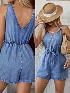 Women's Summer Denim Jumpsuit, Button Design, Casual Style, Suitable for Daily Wear and Outdoor Activities, Boho Fitted, Plain Pattern, Everyday
