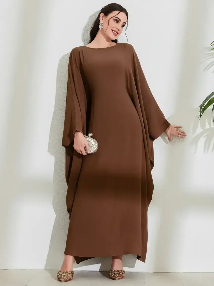 Women's Solid Batwing Sleeve Long Dress, Elegant Formal Long Sleeve Round Neck Dress for Party Holiday Wedding Guest, Ladies Fall & Winter Clothes Fit Womenswear Elegant Dresses