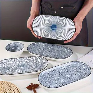 2pcs Japanese Style Blue and Porcelain Fish Plates, 12-Inch Ceramic, Washable Tableware for Christmas, Valentine's, New Year, Japanese Cuisine