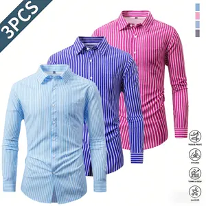 Men’s long-sleeve striped shirt with chest pocket, three-quarter sleeves, classic pointed collar design that is sharp and well-structured, left chest patch pocket for practical storage, white placket buttons add a refined touch, long-sleeve fit suitable f