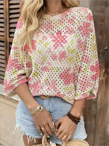 Spring and summer style, round neck hollow loose bat blouse, collision color gradient pink floral print women's knit blouse, holiday style, casual and elegant commuting, women's vest blouse, bikini blouse, boho resort style seaside blouse