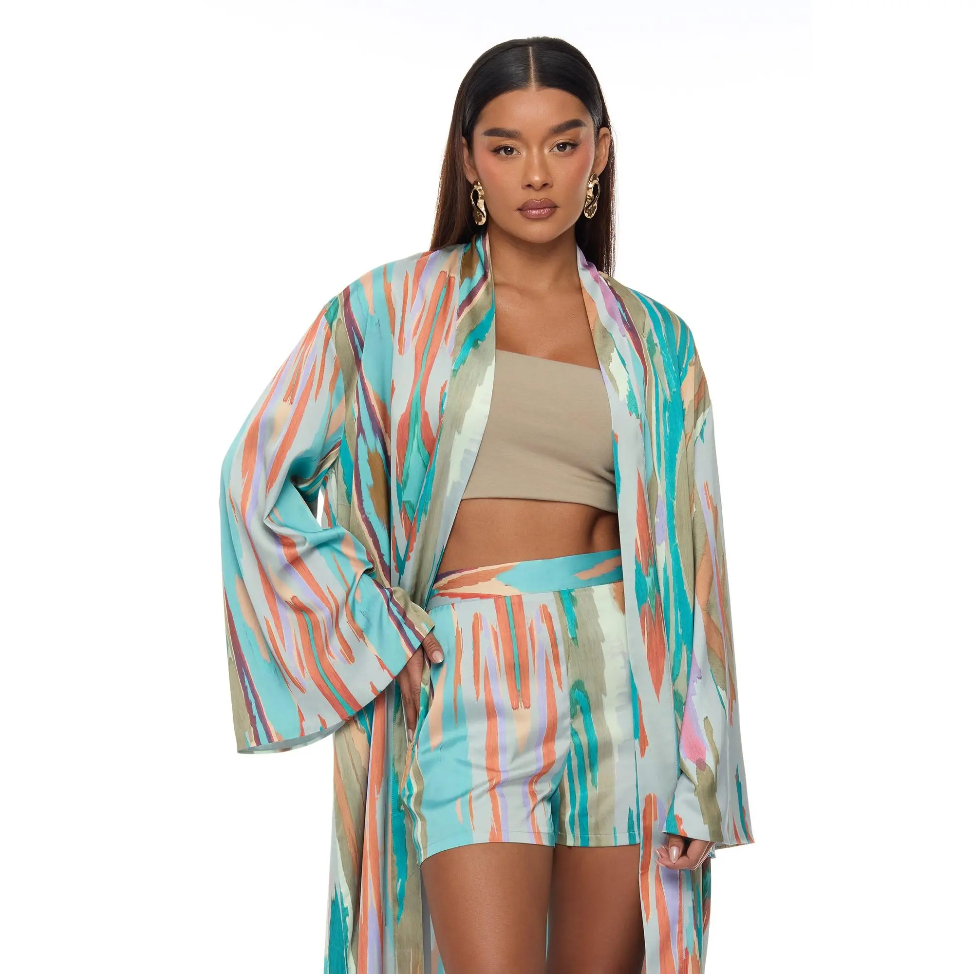 Daydreaming Satin Kimono Short Set - Turquoise/combo