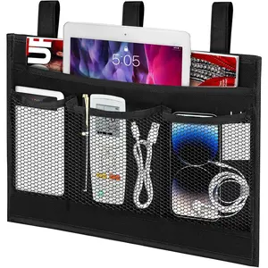 Bedside Caddy Storage Organizer, Hanging Storage Bag Pocket for Bunk/Hospital Beds, College Dorm, Camp, Stores Remotes Phones, 4 Pockets, Black