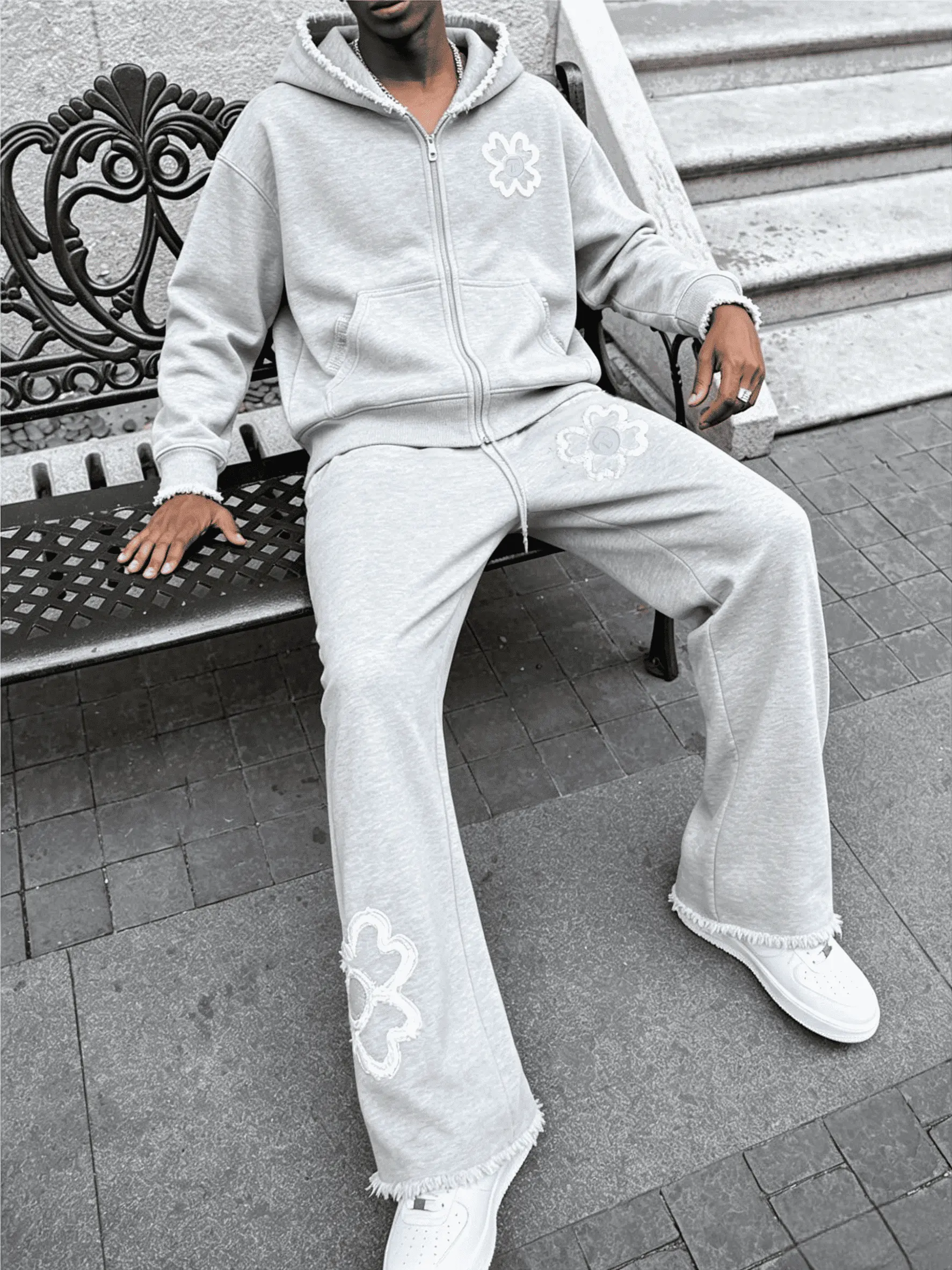 Men's Gray Fringe Floral Embroidered 2 Piece Tracksuit, Oversized Zip Hoodie + Wide Leg Sweatpants Matching Outfit, Y2K Streetwear Casual Loose Fit Hooded Set, Hip Hop Aesthetic Fashion For Everyday Wear
