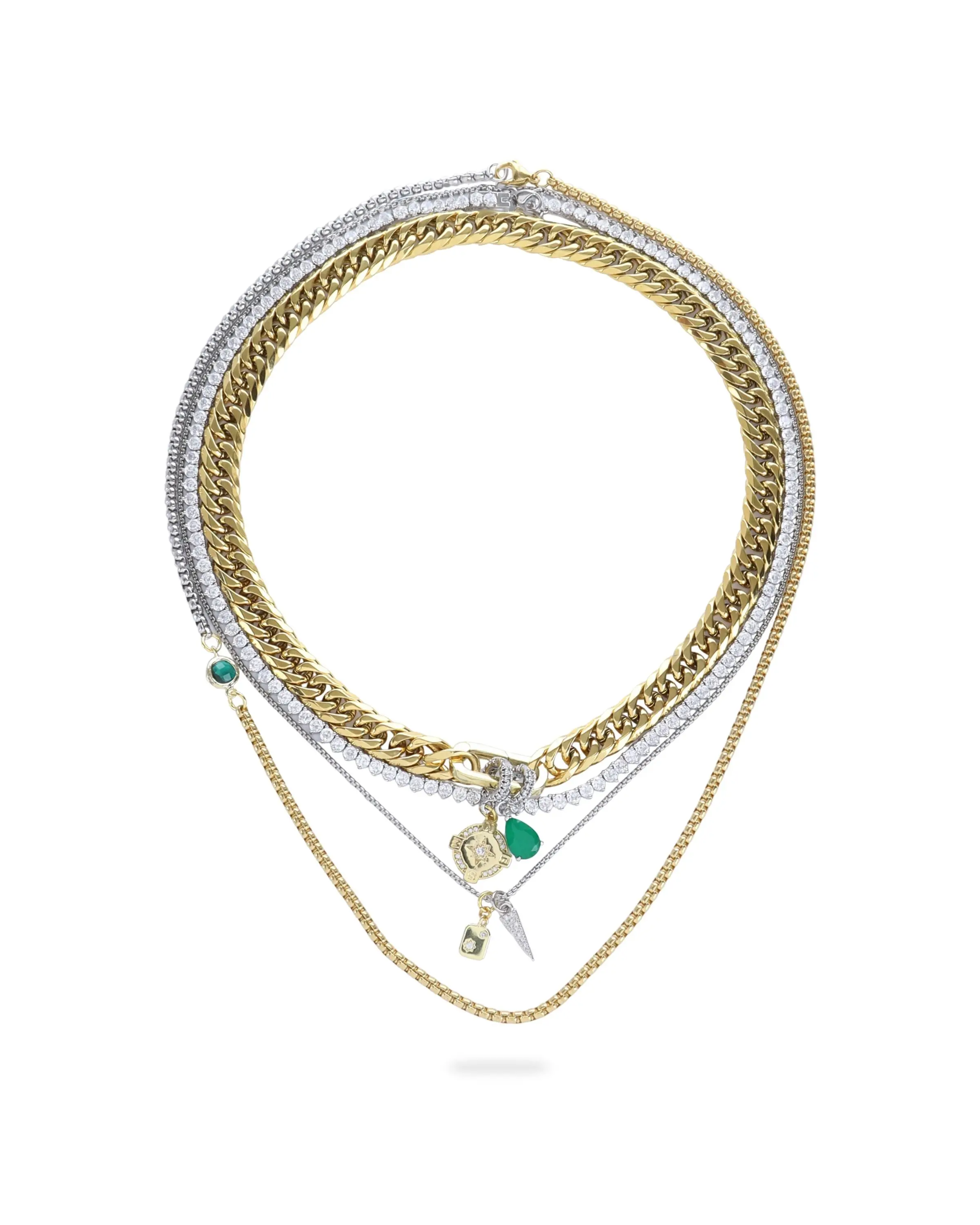 JUST CLICK Emerald Tennis Layered Necklace Set - Stainless Steel Costume Jewelry, Water Resistant Chunky Accessory, Layered Chain Necklaces