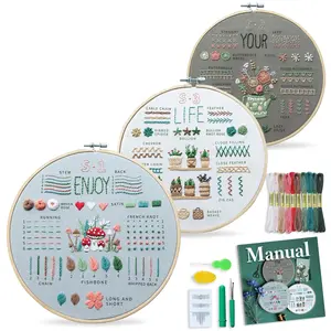 3 Pack Embroidery Kit for Adult Beginners, 33-Stitch Practice Samplers, Pre-Stamped Patterns, 7.8-Inch Hoop, Threads & Needles, DIY Needlework Craft Gift for Women