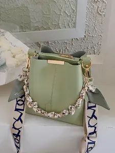 Women's Fashion Chain Decor Bucket Crossbody Bag, Chic Crossbody Purse, Solid Color Bag with Silk Scarf and Wide Strap, Chic Handbag, PU Leather Bag for Summer 2026 Outfits