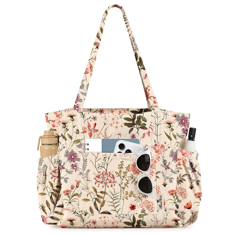 Miss Adola Cute Corduroy Tote Bag for Women - Large Capacity Multi-Pocket Shoulder Bag with Zipper